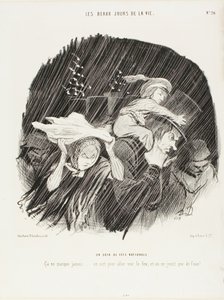 De avond van de nationale feestdag. Het mislukt nooit... je gaat naar buiten om naar het vuurwerk te kijken en het enige wat je krijgt is waterwerk!, plaat 20 uit De beste dagen in het leven door Honoré Victorin Daumier