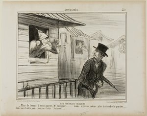 De nieuwe blokhuizen. "- Geen huur meer te betalen, Monsieur Vautour... en we zijn niet meer bang voor de conciërge ..... in onze chalets zijn we allemaal Zwitsers," plaat 332 uit Actualités door Honoré Victorin Daumier