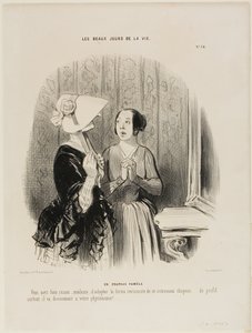 De Pamela Hoed. "U hebt volkomen gelijk Madame om deze verrukkelijke vorm van een nieuwe hoed te adopteren...... vooral van de zijkant past hij prachtig bij uw fysionomie.....!,"plaat 76 van Les Beaux Jours De La Vie door Honoré Victorin Daumier