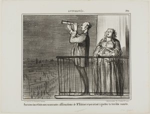 De Parijzenaars vertrouwen de verzekering van Monsieur Babinet niet helemaal en staan erop te wachten op de komeet, plaat 394 van Actualités door Honoré Victorin Daumier