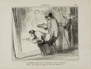 De week voor de opening van de kunsttentoonstelling. Refrein: "- moed, laten we het werk afmaken! Daar zijn vrienden voor," plaat 399 van Actualités door Honoré Victorin Daumier