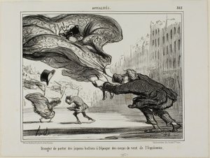 Het gevaar van het dragen van hoepelrokken tijdens een plotselinge lentestorm, plaat 26 uit La Crinolomanie door Honoré Victorin Daumier