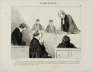 De verdediging complimenteert het talent van de aanklager, terwijl de procureur-generaal de welsprekendheid van de verdediging bewondert. De rechter applaudisseert voor beiden en iedereen is tevreden, behalve de beschuldigde, plaat 16 uit Les Gens De Justi door Honoré Victorin Daumier