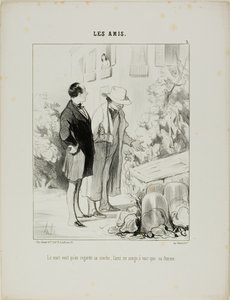De man wil dat hij naar zijn broeinest kijkt, de vriend droomt er alleen maar van om zijn vrouw te zien, plaat 3 van Les Amisa door Honoré Victorin Daumier