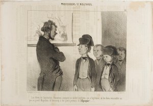 De leerlingen van het Pascareau Instituut proberen hun nieuwe schooluniform uit waardoor ze een beetje op de grote Napoleon lijken en veel op kleine krantenjongens, plaat 25 van Professeurs Et Moutards door Honoré Victorin Daumier