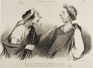 "Uw hand komt om Britannicus, uw broer, te doden. Ik voorzie dat uw slagen spoedig uw moeder zullen treffen," plaat 7 uit Physionomies Tragico-Classiques door Honoré Victorin Daumier