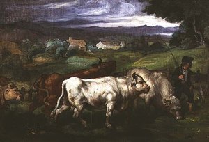 Vee en een drijver in een landschap door Honore (circle of) Daumier