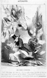 Een krachtmeting van mysteries: cartoon over “De mysteries van Parijs”, gepubliceerd in feuilleton door Eugène Sue - in “Le Charivari” van 16/02/1844
