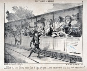Kunstwerk door Honore Daumier (1808-1879). Charivari dateert uit 1852: Serie LES TRAINS DE PLEASURE - Je moet plaats maken voor zeven passagiers... je zit te comfortabel in je compartiment! MUSEUM VAN SCHONE KUNSTEN - PALEIS LONGCHAMP, MARSEILLE door Honoré Daumier