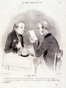 Spotprent over duur leven. Serie The Beautiful Days of Life: Een magere maaltijd... Gravure door Honore Daumier. Uit de krant Le Charivari op 18 oktober