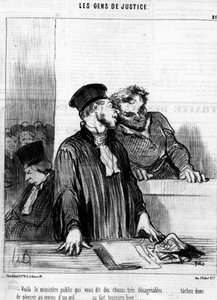Hier is het openbaar ministerie dat je zeer onaangename dingen vertelt... probeer tenminste met één oog te huilen... het voelt altijd goed!... , uit de "Gens de Justice", serie cartoons over Justitie door Honore Daumier. "Charivari"