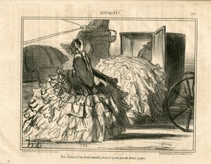 Le Charivari, Satirisch in ZW, ca. 1855_5_11: Nieuws nr. 190. Dames van een halve wereld maar niet van rokken. - Mode, Transport, Crinolines - Vrouwen Illustratie door Honore Daumier (1808-1879) door Honoré Daumier
