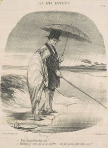 Dus we vertrekken niet! - Hortense, ik geloof dat hij gaat bijten ... Niet langer dan een halfuurtje! door Honoré Daumier