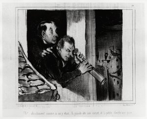 Oh! Absoluut alsof we daar waren, de grote doet haar korset uit en de kleine zoekt naar een chip. Illustratie van Honore Daumier (1808-1879), gepubliceerd in het nieuws in 