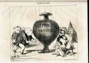 Satirisch in N & B: Nieuws - President van de Republiek, Universeel Kiesrecht - Thiers Adolphe, Montalembert Charles de, Louis Matthieu Mole, Dupin Andre-Marie, Dupin aine - Illustratie door Honore Daumier