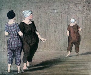Serie "Les baigneuses" twee vrouwen in badpak onderzoeken de snit van een ander, karikatuur door Honore Daumier (1808-1879) 1844 (De baders: twee dames in badpak kijken op en neer naar de taille van een ander) Privécollectie