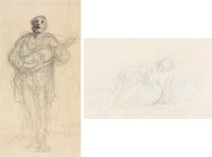 Zingende Gitarist (recto); Liggende Vrouw Leunend op Haar Arm (verso) door Honoré Daumier