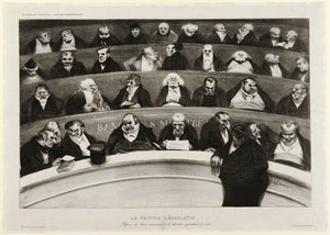 De Wetgevende Buik: Uitzicht op de Ministeriële Banken in de Impromptu Kamer van 1834 door Honoré Daumier