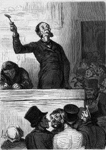 Het veilinghuis: de veilingmeester. Cartoon door Honoré Daumier (1808-1879). Gravure in 