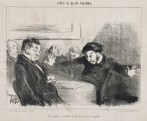 Een comité luistert naar de lezing van een tragedie door Honoré Daumier