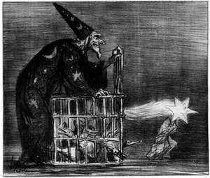 Heks die de komeet afbeeldt (caricatuur door Honore Daumier)