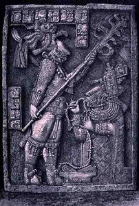 Gesneden stenen latei van Tempel 23, Yaxchilan, 726 AD, met de heerser Schild Jaguar en zijn vrouw, Lady Xoc, die een bloedoffer-ritueel uitvoeren, uit De oude steden van de Nieuwe Wereld, door Claude-Joseph-Desire Charnay door Honore after Chapuis