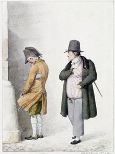 Man die tegen een muur urineert en een andere voorbijganger - lithografie door Brunet door Horace Antoine Brunet