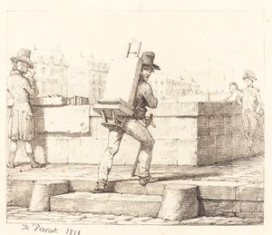 Kunstenaar die een ezel met een lithografische steen draagt door Emile Jean Horace Vernet