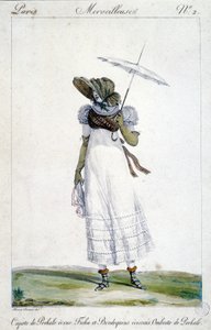 Modegravure door Horace Vernet (1789 - 1863), gemaakt rond 1810 voor "Een Wonderbaarlijke", die een vrouw toont met een ecru baldakijn, een bloederige, tartan borduurwerk en een paraplu door Emile Jean Horace Vernet