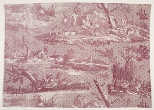 Fragment van koperplaat bedrukt katoen met jachtscène ontwerp, ca. 1815 door Emile Jean Horace Vernet