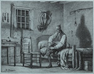 De bediende van Limier die uit bed opstaat door Emile Jean Horace Vernet
