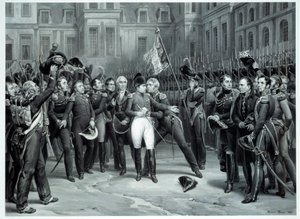 Het afscheid van Napoleon Bonaparte (1769-1821) van de keizerlijke garde in de binnenplaats van Cheval Blanc in Fontainebleau 20/04/1814 door Emile Jean Horace Vernet