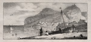 Uitzicht op een havenstad door Emile Jean Horace Vernet