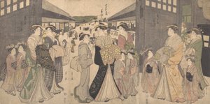 Oiran en bedienden bij de O Mon of Grote Poort van de Yoshiwara, ca. 1794