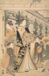 Twee Oiran met Twee Vrouwelijke Bedienden in de Yoshiwara door Hosoda Eishi