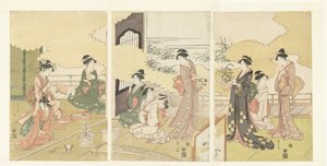 Vrouwen in een openlucht kamer door Hosoda Eishi