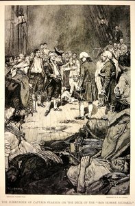 De overgave van kapitein Pearson aan John Paul Jones op het dek van de Bonhomme Richard in 1779