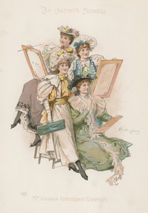 Groep van vier goed geklede vrouwen met tekenborden in de hand (kleurenlitho) door Howard Davie