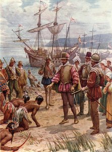 Sir Walter Raleigh landt in Virginia (kleur litho) door Howard Davie