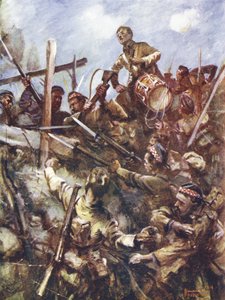 Tamboer Walter Ritchie staat op de borstwering van de vijand om het bevel te geven, onder zwaar machinegeweervuur en bomaanvallen, Beaumont Hamel, Frankrijk, 1 juli 1916 door Howard K. Elcock