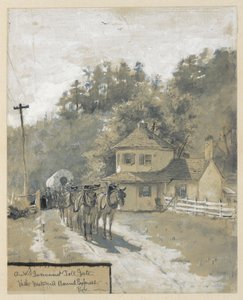 Een oude tolpoort met westwaarts gebonden express, tekening van een illustratie voor het artikel door Howard Pyle