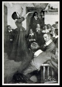 Anne Hutchinson predikt in haar huis in Boston, 1637, illustratie uit 