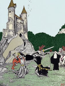 Strijd tussen Koning Arthur en de zwarte ridder in aanwezigheid van Merlijn de tovenaar. Illustratie door Howard Pyle (1853 - 1911) door Howard Pyle