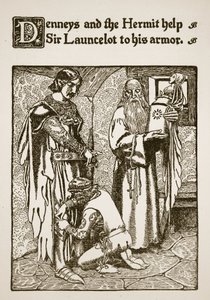 Denneys en de kluizenaar helpen Sir Launcelot met zijn harnas, illustratie uit 
