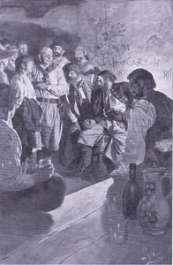 Hij leidde Jack naar de man die op het vat zat, uit Howard Pyles Book of Pirates gepubliceerd door Harper & Bros, 1921 door Howard Pyle
