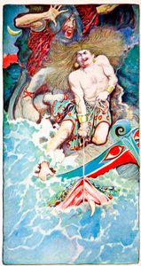 De visvangst van Thor en Hymir, uit Volkslegenden van de Zee, Harpers Magazine, 1902