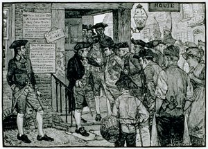 De menigte probeert een stempelambtenaar te dwingen af te treden, uit Harper