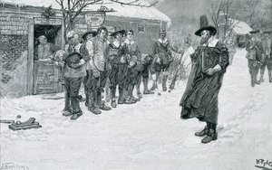 De puriteinse gouverneur onderbreekt de kerstspelen, gegraveerd door J. Bernstrom, illustratie uit 