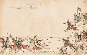 Onder Cloud en Howling Wolf vechten met Gen. Sully in 1868, 7th Cavy nabij het huidige Camp Supply, 1874-75 (pen, inkt en wc op grootboekpapier) door Howling Wolf