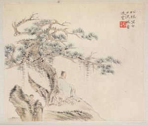 Album van Landschapsschilderijen die Oude Gedichten Illustreren: Een Oude Man Zit onder een Pijnboom, een Jongen is achter een Steen door Hua Yan